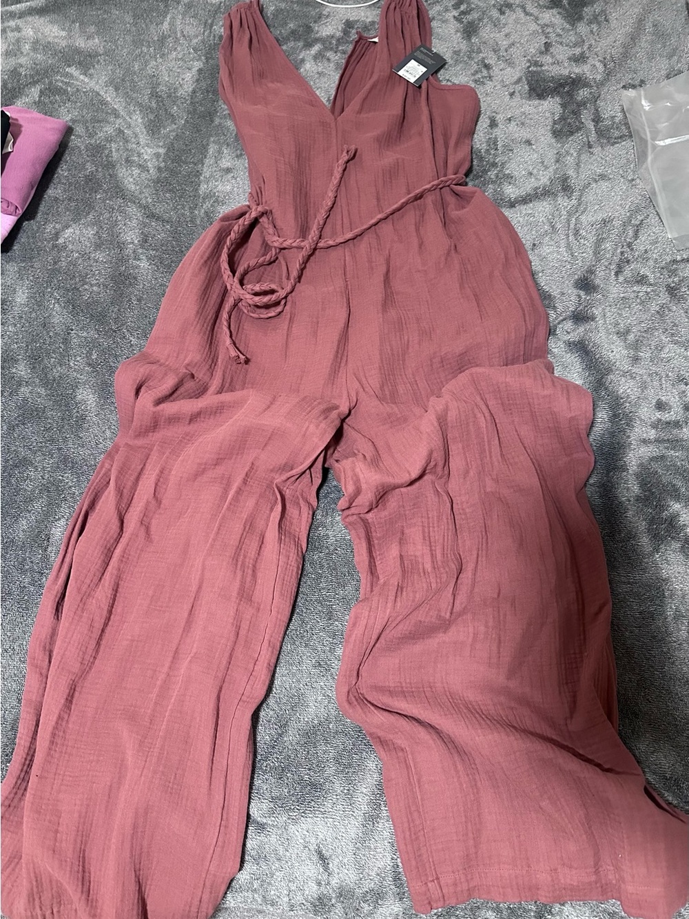 Universal Thread Sleeveless V-Neck Romper with Braided Tie - Dusty Rose